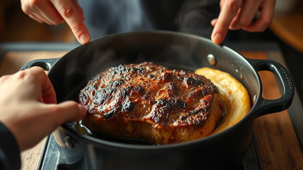 process: hands searing brown roast in hot oil in Dutch oven, golden crust forming, steam rising, photorealistic, natural kitchen light, no text