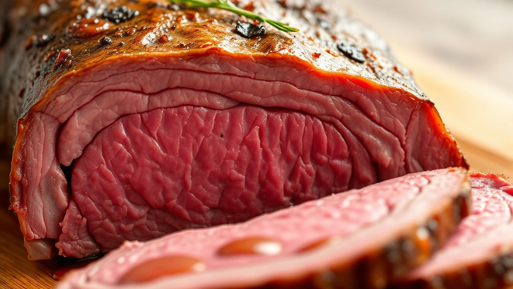 detail: close-up cross-section of sliced roast showing perfect medium-rare interior with juices, photorealistic, natural light, no text