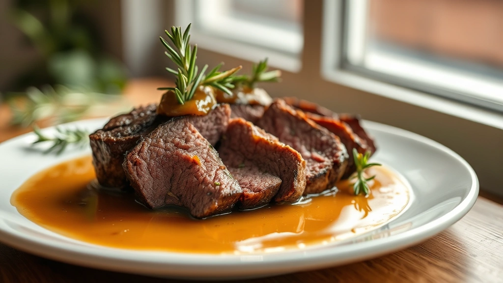hero: perfectly sliced eye round roast on white plate with pan sauce drizzled over, garnished with fresh rosemary sprigs, warm natural window lighting, shallow depth of field