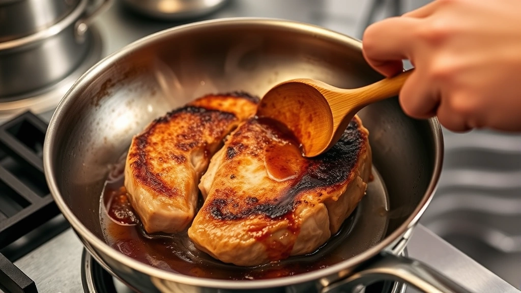 process: chef searing golden-brown eye round roast in stainless steel skillet with visible steam and caramelization, wooden spoon in hand, professional kitchen lighting