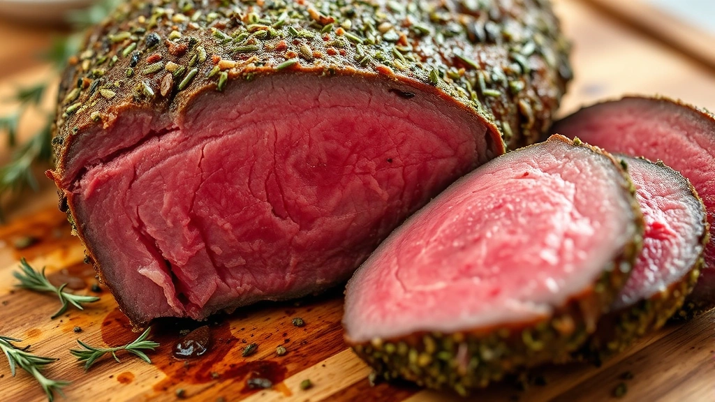 detail: close-up cross-section of sliced eye round roast showing perfect medium-rare pink center with herb crust exterior, single slice on wooden cutting board with fresh herbs