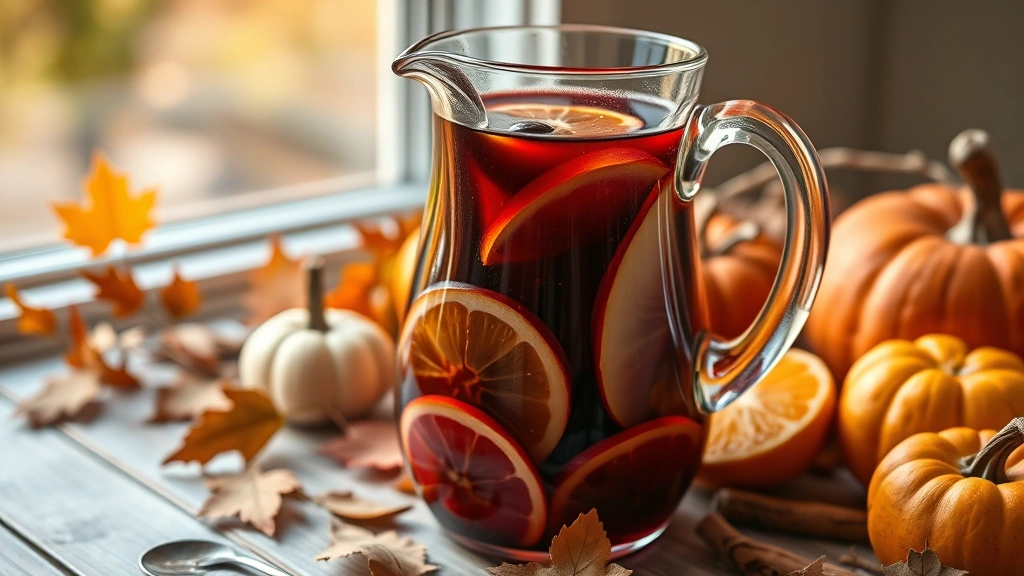 hero: fall sangria recipe in clear glass pitcher with cinnamon sticks apple slices pear slices and orange slices, dark red wine, autumn setting with leaves and pumpkins, photorealistic, natural window light, golden hour lighting, no text