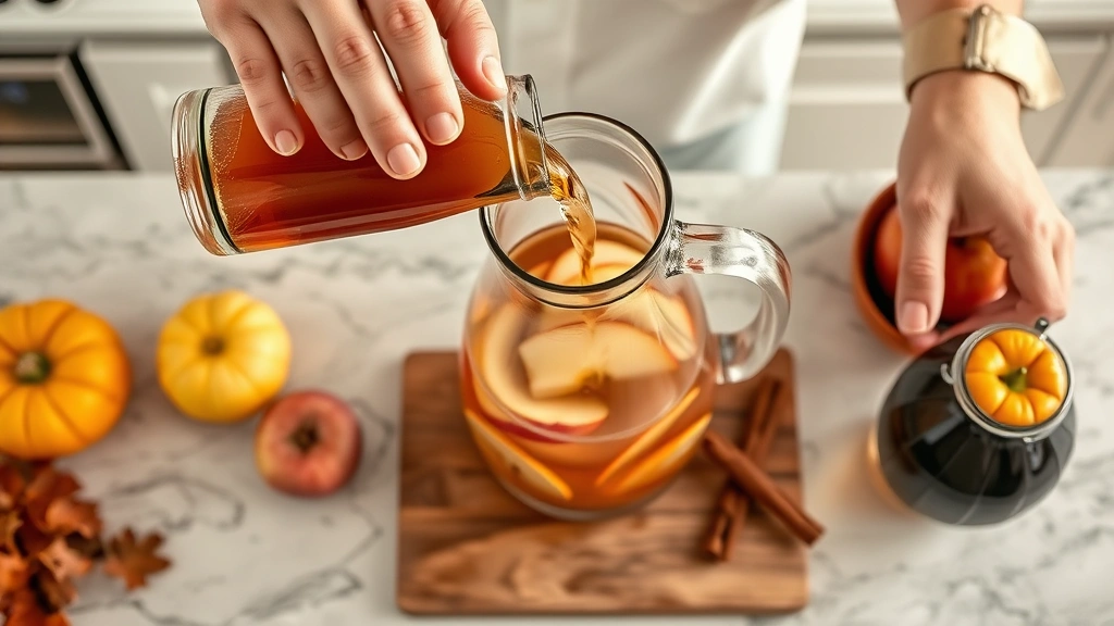 process: hands pouring apple cider into glass pitcher with wine and sliced fruit and cinnamon sticks, fall kitchen counter setting, photorealistic, natural light, overhead angle, no text