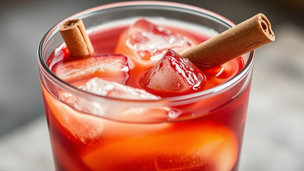 detail: close-up of sangria glass with ice cinnamon stick garnish and floating fruit slices, amber and ruby colored liquid, condensation on glass, photorealistic, natural light, shallow depth of field, no text
