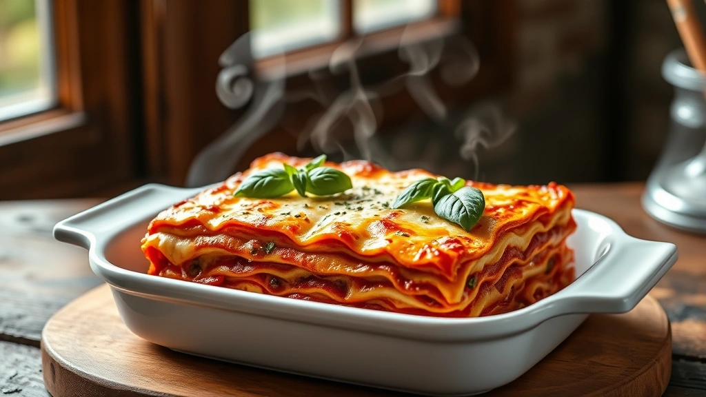 hero: finished lasagna in white ceramic baking dish, golden melted cheese on top with fresh basil garnish, steam rising, natural window light, rustic wooden table background, professional food photography