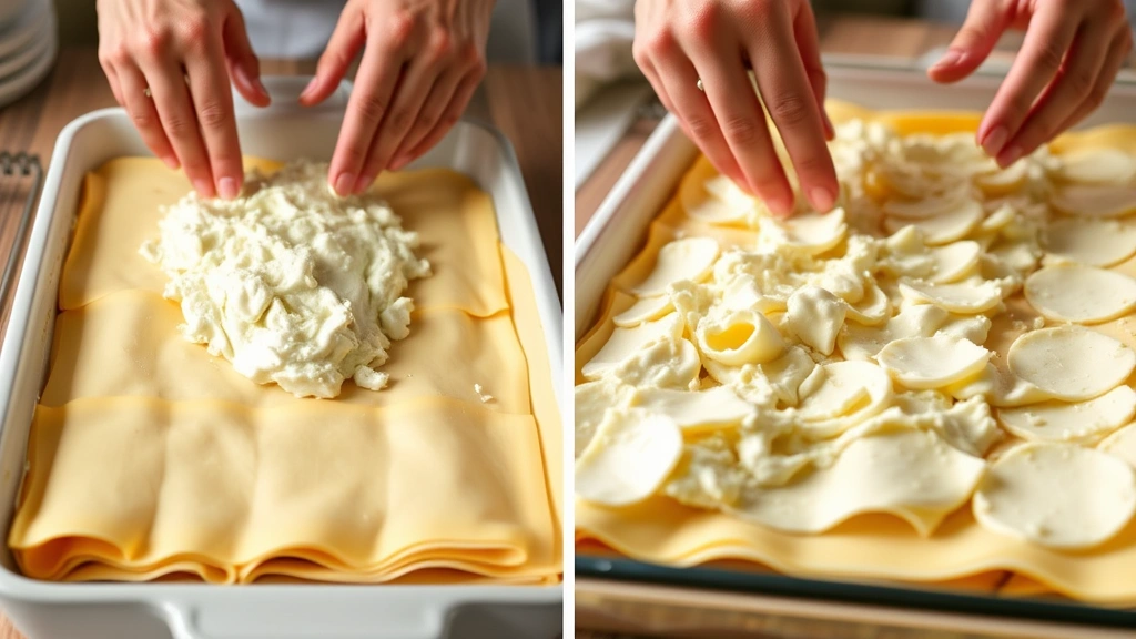 process: layering lasagna noodles with ricotta mixture in baking dish, hands spreading cheese layer, warm kitchen lighting, close angle showing layer detail