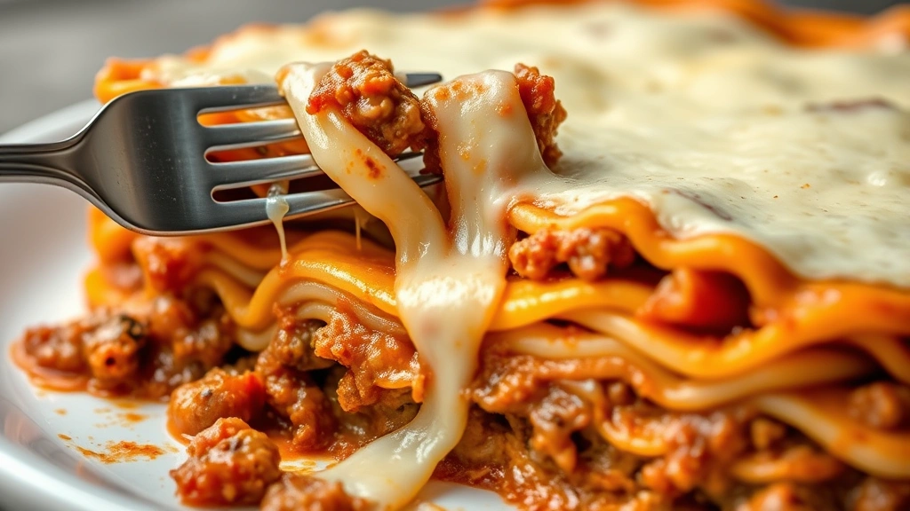 detail: close-up cross-section of baked lasagna showing distinct layers of noodles, meat sauce, and cheese, fork lifting a forkful, melted cheese stretching, natural light, shallow depth of field