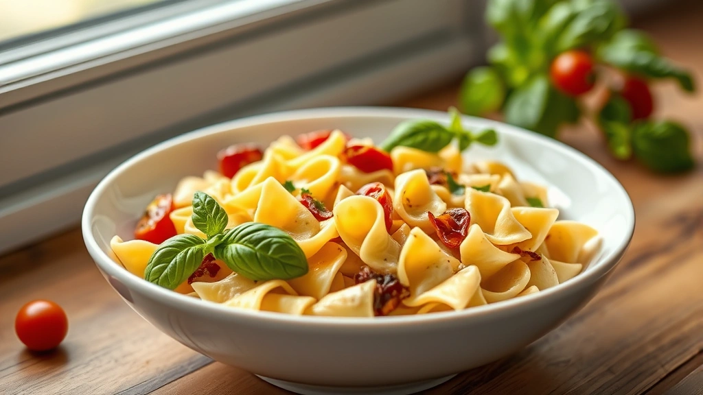 hero: creamy farfalle pasta with fresh basil and sun-dried tomatoes in a white bowl, photorealistic, natural window light, no text, shallow depth of field
