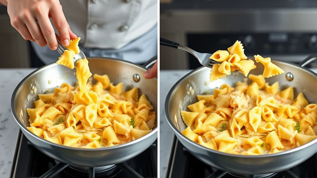 process: chef tossing cooked farfalle pasta in creamy sauce in a stainless steel skillet on stovetop, photorealistic, natural kitchen light, no text