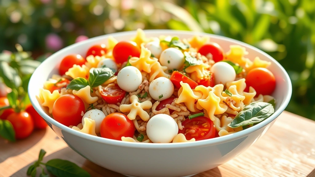 hero: vibrant farfalle pasta salad in a large white bowl, bursting with cherry tomatoes, fresh basil, mozzarella balls, and bell peppers, creamy vinaigrette glistening, natural sunlight streaming from the side, outdoor summer garden setting, photorealistic, no text, professional food photography
