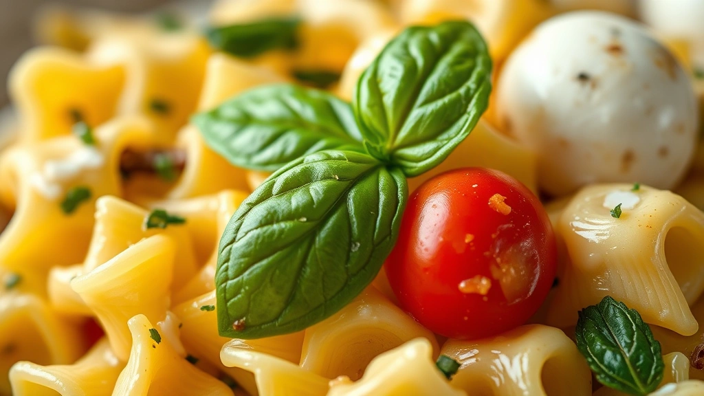 detail: close-up of farfalle pasta coated in vinaigrette with fresh basil leaf, cherry tomato half, and mozzarella ball, shallow depth of field, macro photography style, natural diffused light, photorealistic, no text, vibrant colors