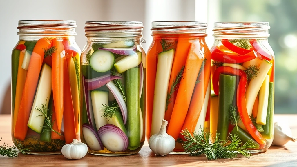 hero: glass jars filled with colorful quick pickled vegetables including cucumbers, carrots, onions and peppers with fresh dill and garlic, photorealistic, natural sunlight streaming through, no text