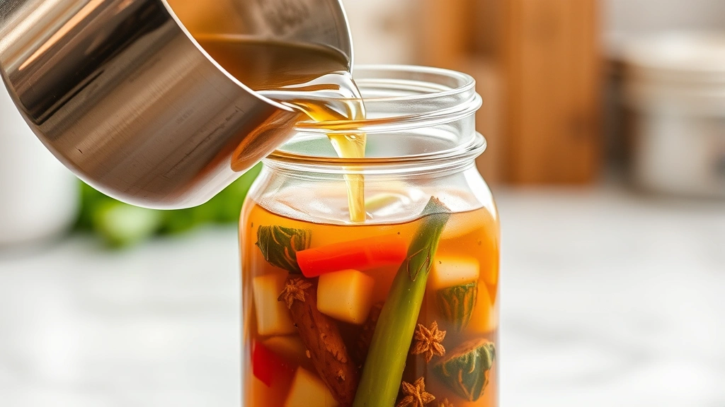 process: pouring hot brine from saucepan into glass jar of vegetables and spices, steam rising, photorealistic, natural kitchen lighting, no text