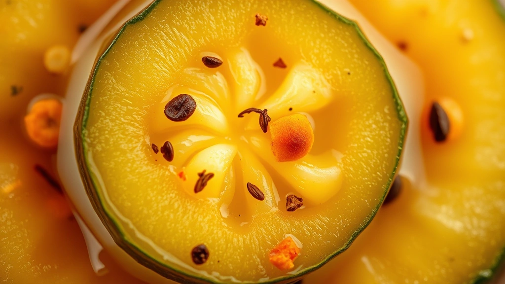 detail: close-up of crispy pickled cucumber cross-section showing fresh vegetables and visible spices in brine, photorealistic, macro photography, natural light, no text