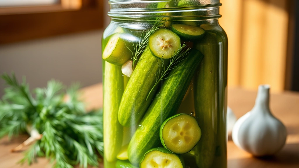hero: glass jar of fermented pickles with fresh dill and garlic visible, crisp green cucumbers submerged in clear brine with bubbles, natural window light, wooden table background, no text or labels