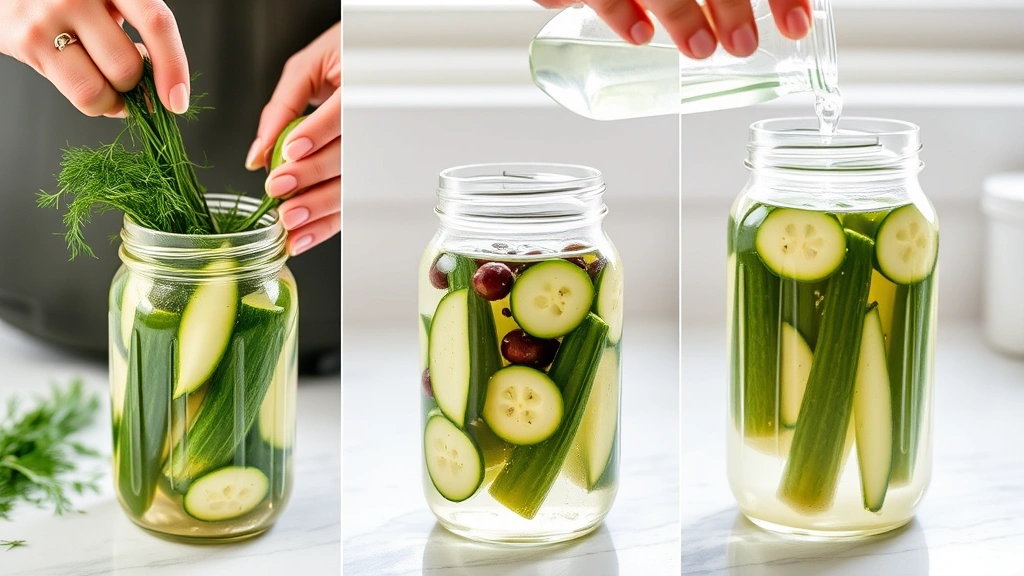 process: hands adding fresh dill and peppercorns to glass jar with cucumbers, pouring brine into jar, showing fermentation setup, bright natural light, clean kitchen counter, no text