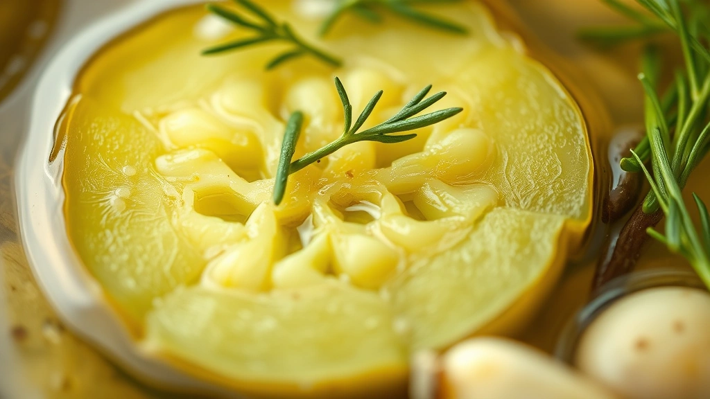 detail: close-up of fermented pickle slice showing texture and color, dill sprigs and garlic cloves in brine, shallow depth of field, natural soft light, no text