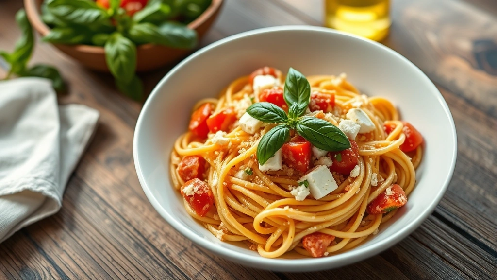 hero: creamy feta tomato pasta in a white bowl, garnished with fresh basil and olive oil, Mediterranean style plating, natural window light, shallow depth of field, top-down angle, rustic wooden table background
