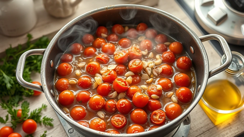 process: simmering tomatoes and garlic in a large skillet, steam rising, fresh herbs scattered nearby, golden olive oil visible, natural kitchen lighting, action shot