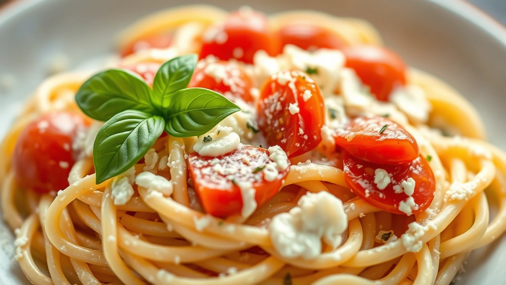 detail: close-up of pasta coated in creamy feta sauce, burst tomatoes, fresh basil leaf on top, melted cheese visible, shallow focus, warm natural light, food styling
