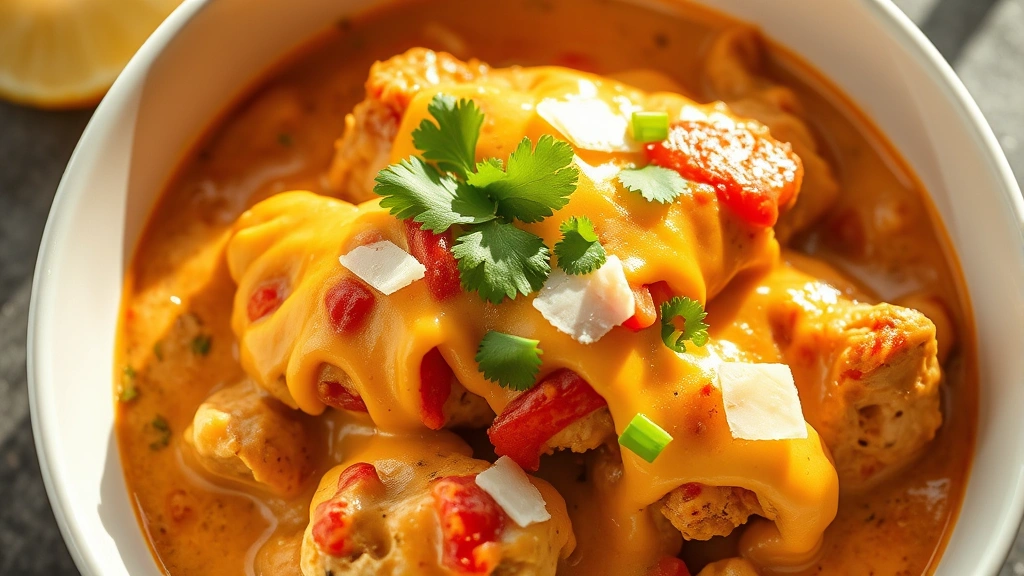 hero: vibrant fiesta chicken in creamy sauce with melted cheese, fresh cilantro garnish, and cotija cheese, served in white bowl, natural sunlight streaming across, close-up overhead shot, no text or watermarks