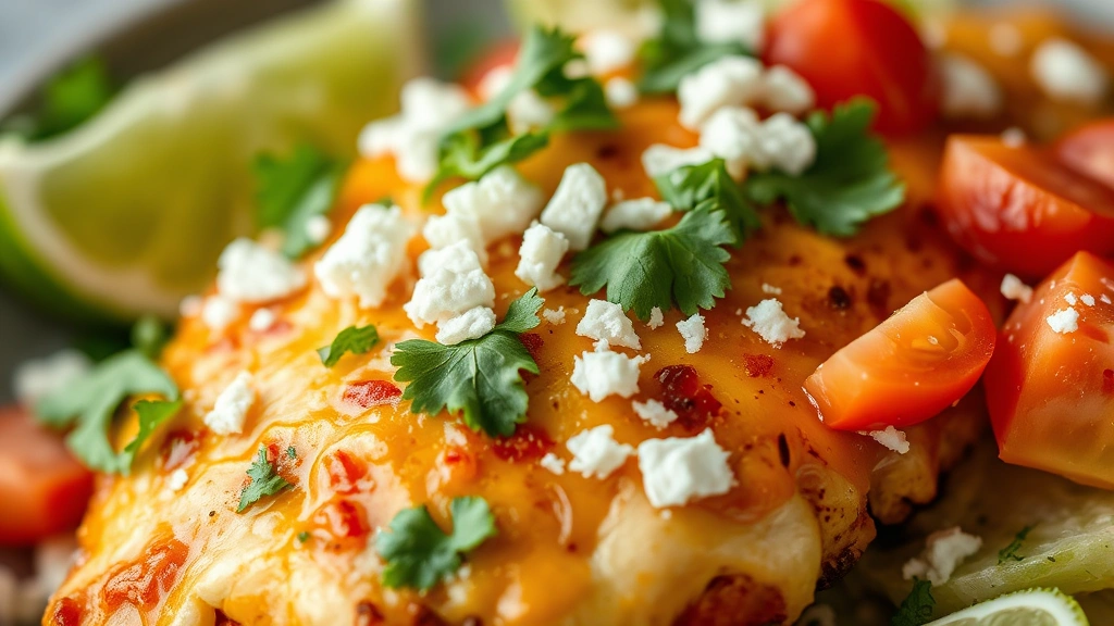 detail: close-up macro shot of finished fiesta chicken showing melted Monterey Jack cheese, crumbled cotija cheese, fresh cilantro leaves, lime wedge, and tomato pieces, bokeh background, natural lighting, no text