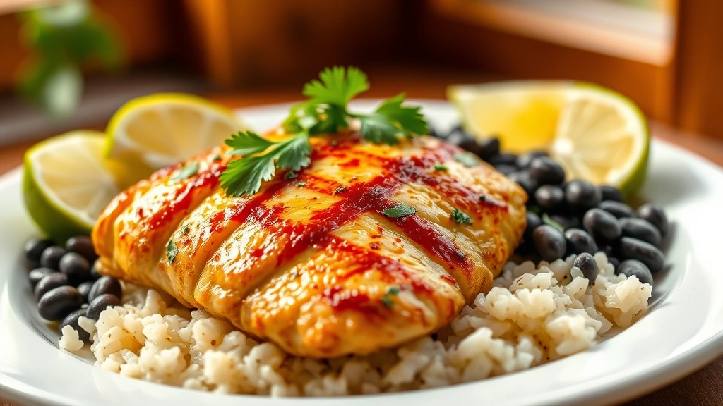 hero: beautifully plated fiesta lime chicken breast with golden-brown exterior, garnished with fresh lime wedges and cilantro, served with rice and black beans on a white ceramic plate, warm natural window light, shallow depth of field, appetizing and vibrant