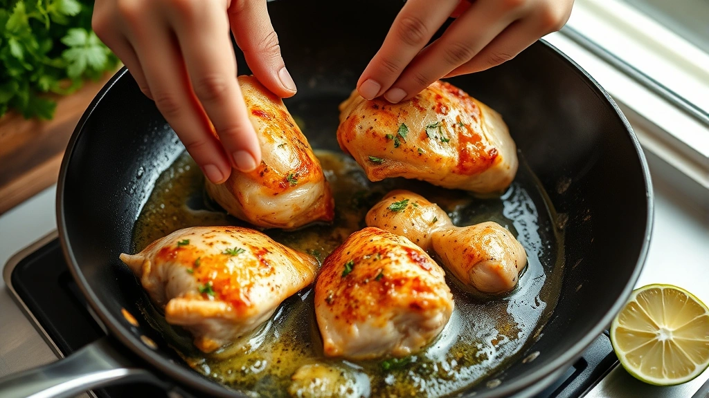 process: hands placing marinated chicken into a hot skillet with sizzling butter, golden color forming, fresh cilantro and lime visible nearby, steam rising, natural daylight from kitchen window, close-up action shot