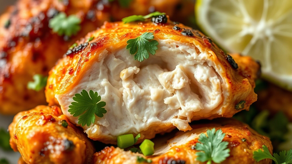 detail: close-up of cooked fiesta lime chicken with crispy golden skin, fresh cilantro garnish, lime wedge, showing juicy tender meat interior, warm natural light highlighting texture and color, macro photography style