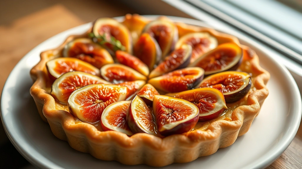 hero: beautiful golden fig tart with halved fresh figs arranged on top, honey glaze glistening, pastry crust golden brown, fresh thyme sprigs garnish, on white ceramic plate, natural window light, shallow depth of field