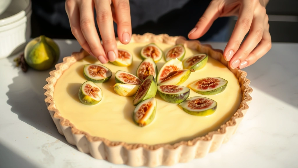 process: hands arranging fresh fig halves on almond custard filling in tart pan, showing texture and detail of the filling, natural afternoon light from the side, professional kitchen setting