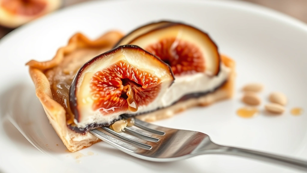 detail: close-up of sliced fig tart showing layers - crispy pastry crust, smooth almond cream filling, and fresh fig with honey glaze, fork on white plate, soft natural lighting, minimalist composition