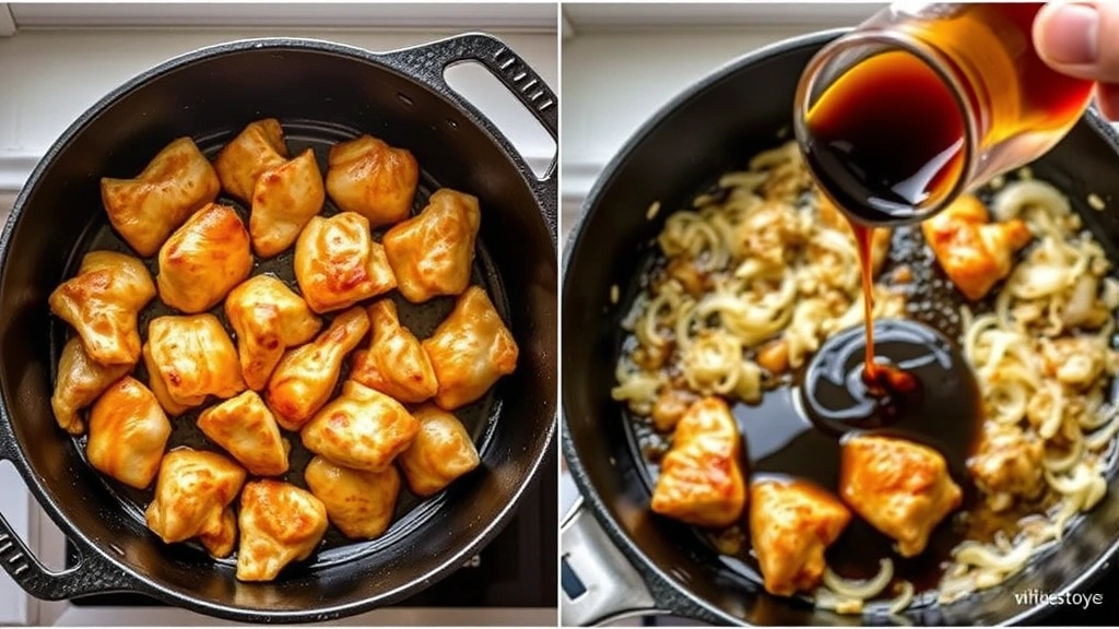 process: browning chicken pieces in cast iron pot with golden caramelization, garlic and onions sautéing in background, soy sauce being poured, overhead shot, natural window light