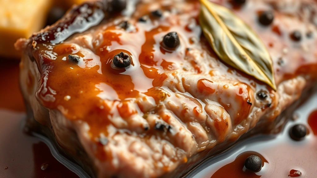detail: close-up of tender meat piece with glossy sauce, visible bay leaf and black peppercorn, sauce coating the meat, shallow depth of field, warm natural lighting