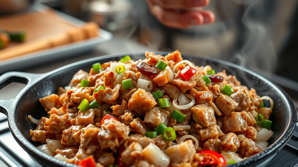 hero: sizzling Filipino sisig on hot cast iron plate with chopped pork, onions, and green onions, steam rising, photorealistic, natural kitchen lighting, no text