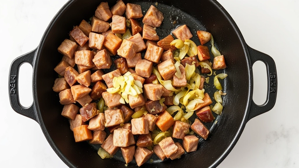 process: diced pork jowl and liver cooking in cast iron skillet with golden crust forming, garlic and onions being added, photorealistic, overhead shot, natural light, no text