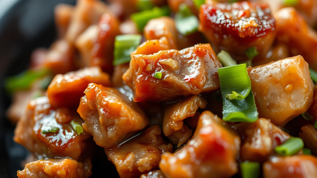 detail: close-up of finished sisig texture showing tender meat pieces with crispy edges, fresh herbs, and glossy sauce coating, photorealistic, shallow depth of field, natural light, no text