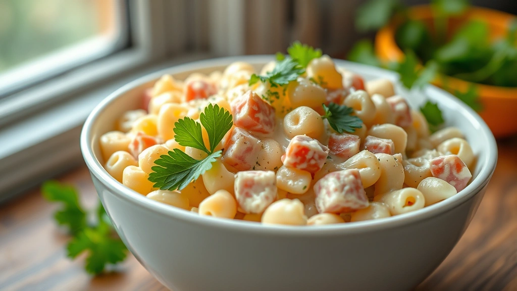 hero: creamy Filipino macaroni salad in a white ceramic bowl, garnished with fresh parsley, diced ham and cheese visible, soft natural window light, shallow depth of field