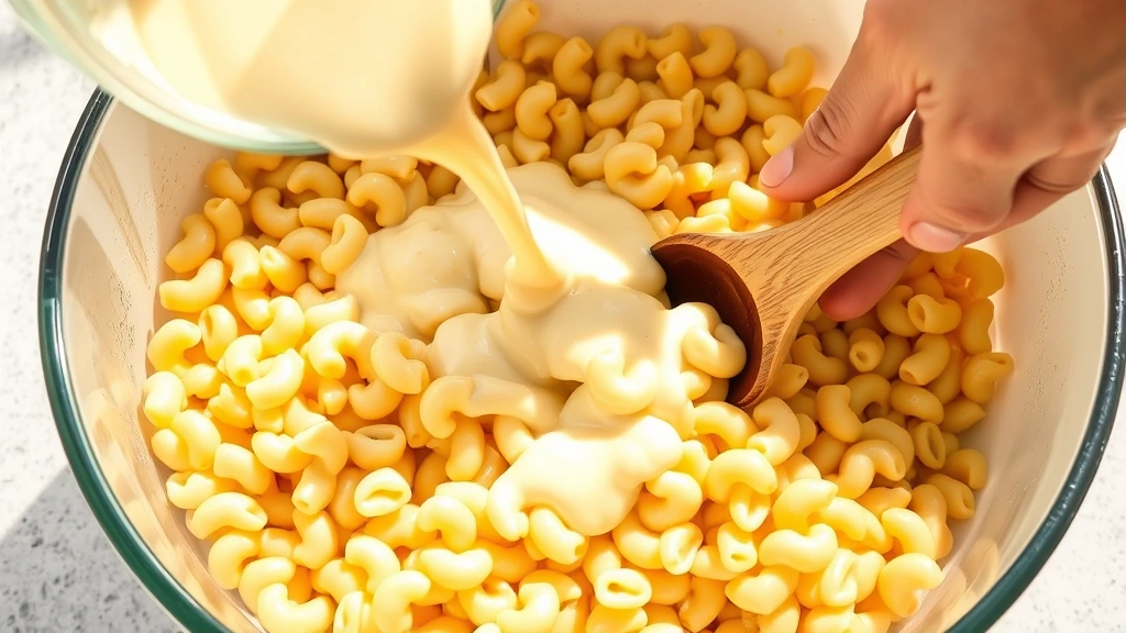 process: pouring creamy dressing over cooled elbow macaroni pasta in a large mixing bowl, hands mixing with wooden spoon, bright natural daylight