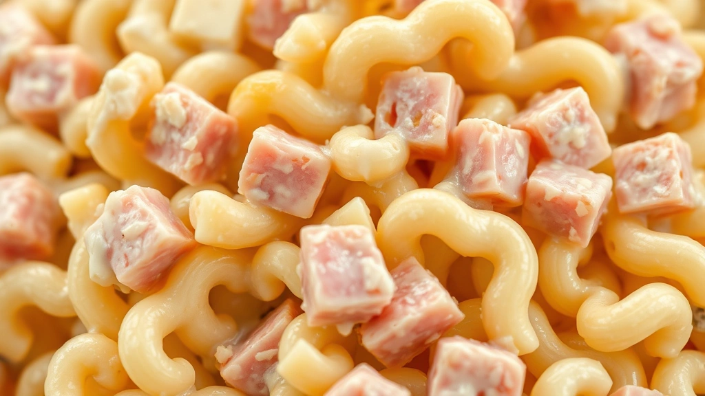 detail: close-up of creamy macaroni salad showing individual pieces of ham, diced cheese, and dressing coating each pasta piece, macro photography, natural light