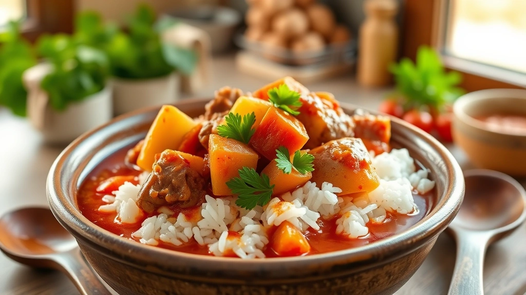 hero: steaming bowl of Filipino menudo with tender pork chunks, potatoes, and carrots in rich reddish-brown tomato sauce, served over white rice, garnished with fresh parsley, warm natural window light, rustic ceramic bowl, wooden spoon nearby, cozy kitchen background