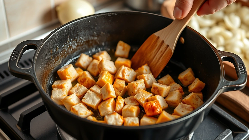 process: chef browning cubed pork in cast iron pot with oil, golden-brown meat pieces, onions in background, stove burner, natural kitchen light, action shot mid-cooking