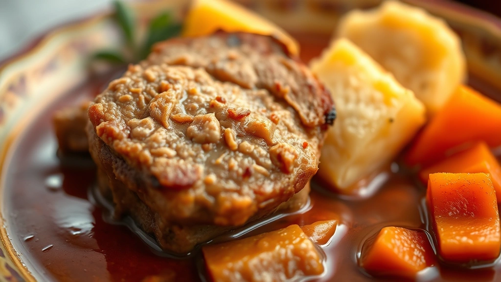 detail: close-up macro shot of menudo showing tender pork piece, creamy potato cube, carrot slice, and rich sauce, shallow depth of field, warm golden hour lighting, rustic plating