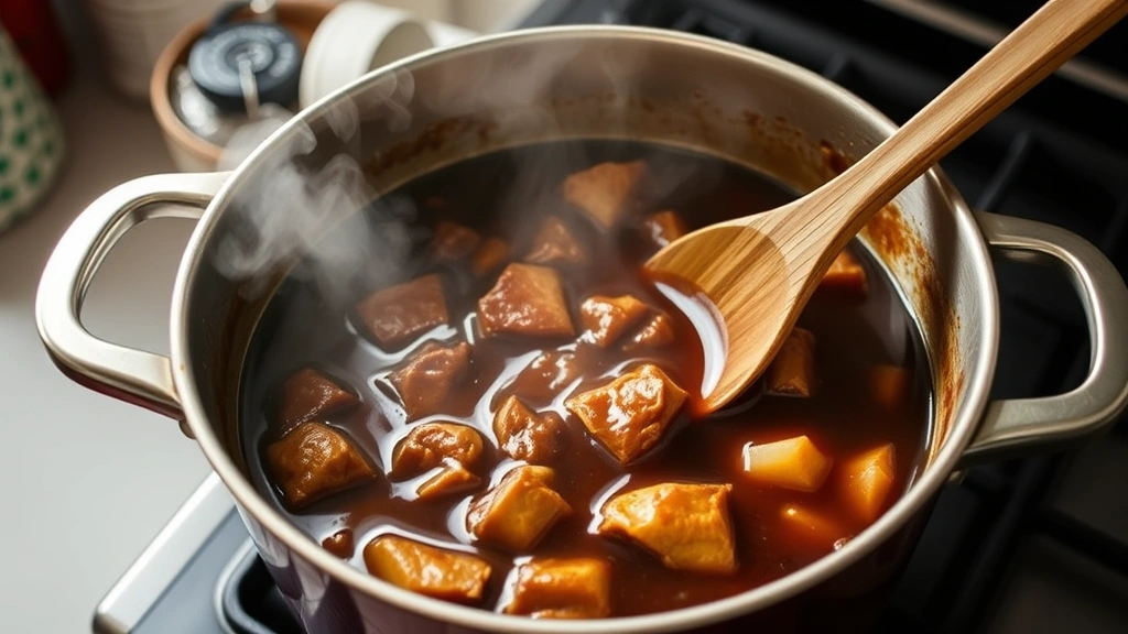 process: large pot of pork adobo simmering on stovetop, steam rising, rich dark sauce, wooden spoon stirring, home kitchen setting, natural light, no text
