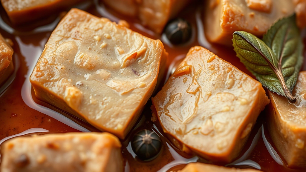 detail: close-up of tender pork cubes with glossy sauce, bay leaf and peppercorn visible, creamy mahogany colored braising liquid, shallow depth of field, warm lighting, no text
