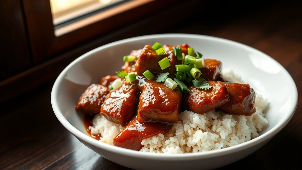 hero: Filipino pork adobo served over steamed white rice in a white bowl, glossy caramelized sauce coating the tender meat, garnished with fresh green onions and cilantro, warm natural window lighting, dark wooden table background, photorealistic, no text