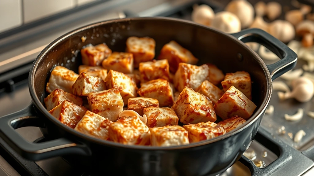 process: pork cubes being browned in a cast iron pot with caramelized golden crust, garlic and onions in the background, sizzling oil, warm kitchen lighting, photorealistic, no text