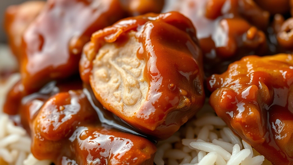 detail: close-up of tender pork adobo with glossy sauce clinging to meat, individual piece showing texture and caramelization, rice grains visible, natural light, shallow depth of field, photorealistic, no text