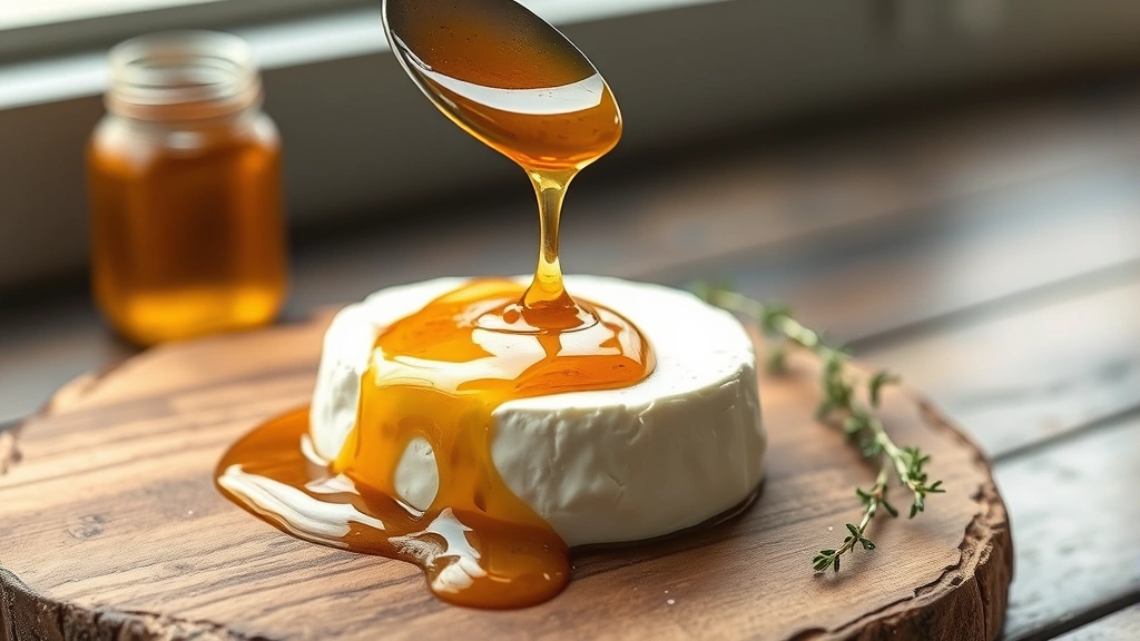 hero: golden fire honey dripping off a spoon over creamy white goat cheese on a rustic wooden board with fresh thyme, photorealistic, warm natural window light, no text