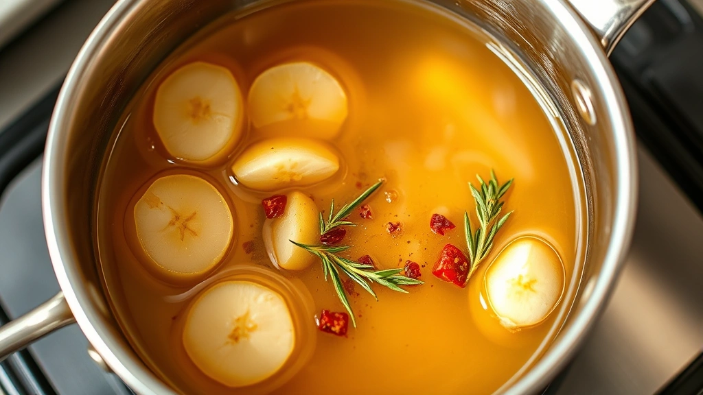 process: warming honey in a small saucepan with garlic slices, red pepper flakes, and fresh herbs visible, golden amber liquid gently steaming, photorealistic, bright kitchen lighting, no text